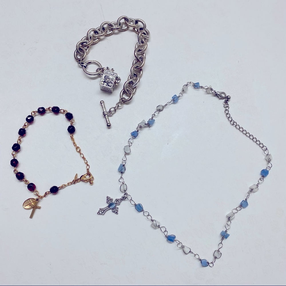 Religious Themed Jewelry Lot Necklace Bracelets Cross Prayer Box Easter